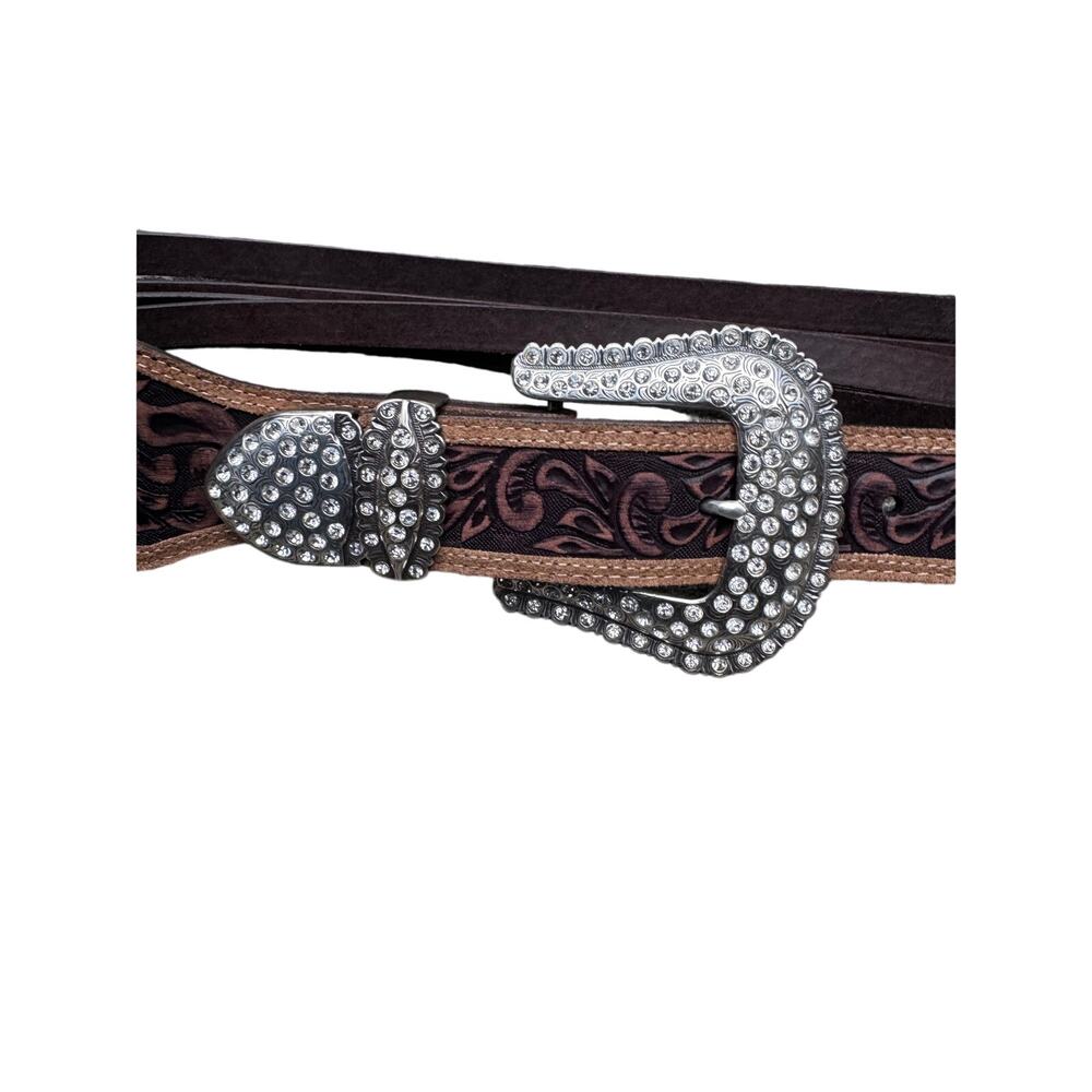 Tony Lama Dark Brown Tooled Leather Belt with Silver Crystal Buckle